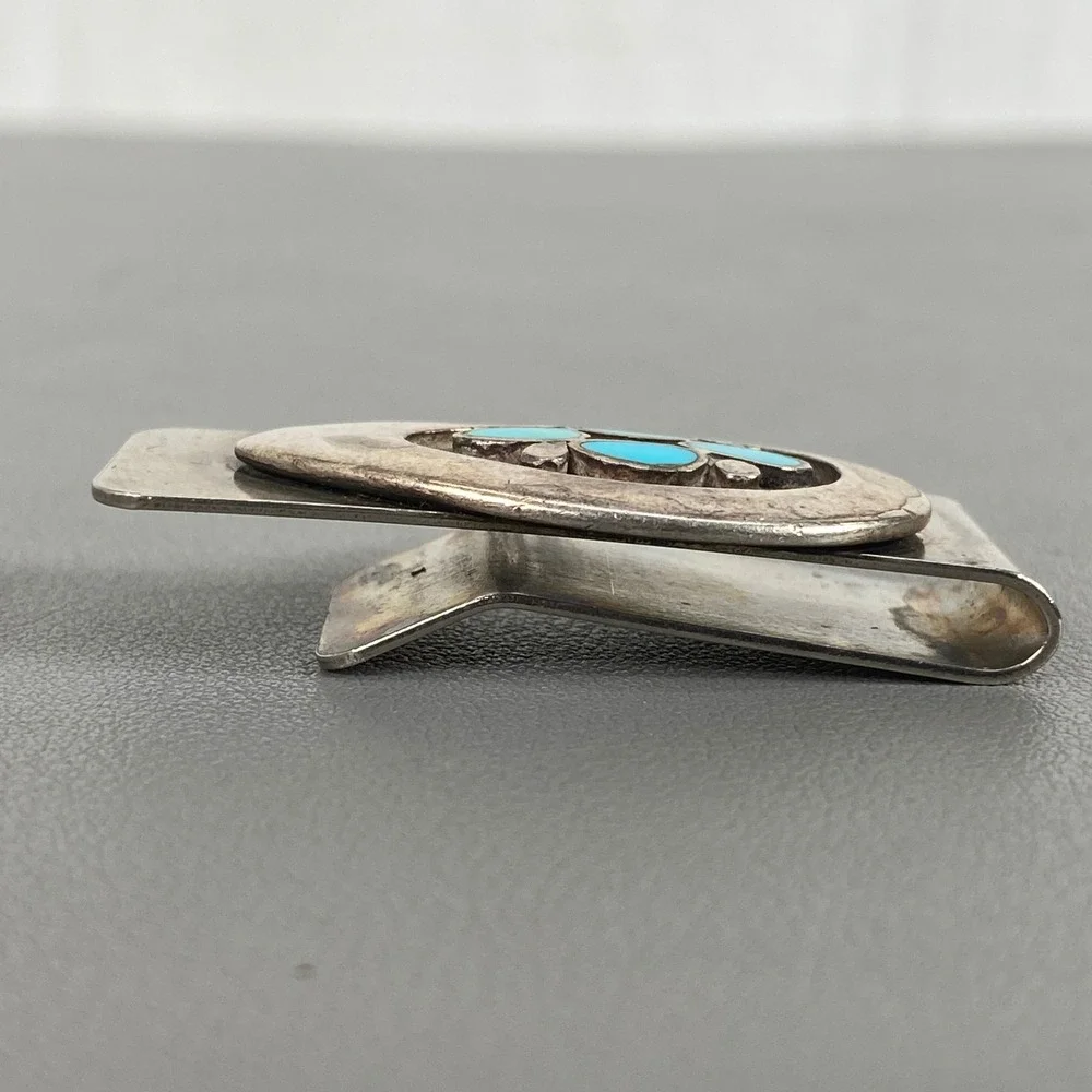 Vintage Southwestern Native Style Sterling Silver Turquoise Inlay Money Clip